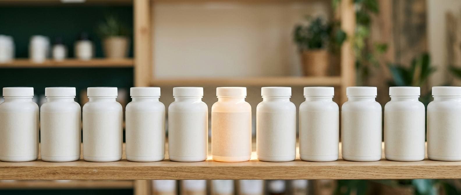 A row of plain white supplement bottles on a shelf, one lit from within