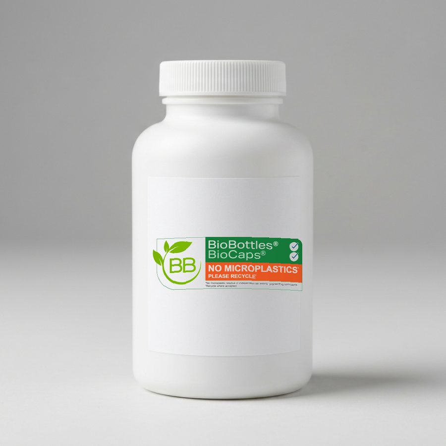 A BioBottle carrying the BioBottles and BioCaps badge: No Microplastics, Please Recycle